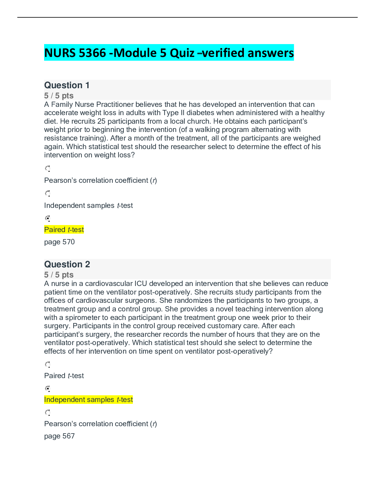 Preview image of NURS 5366 -Module 5 Quiz –verified answers document